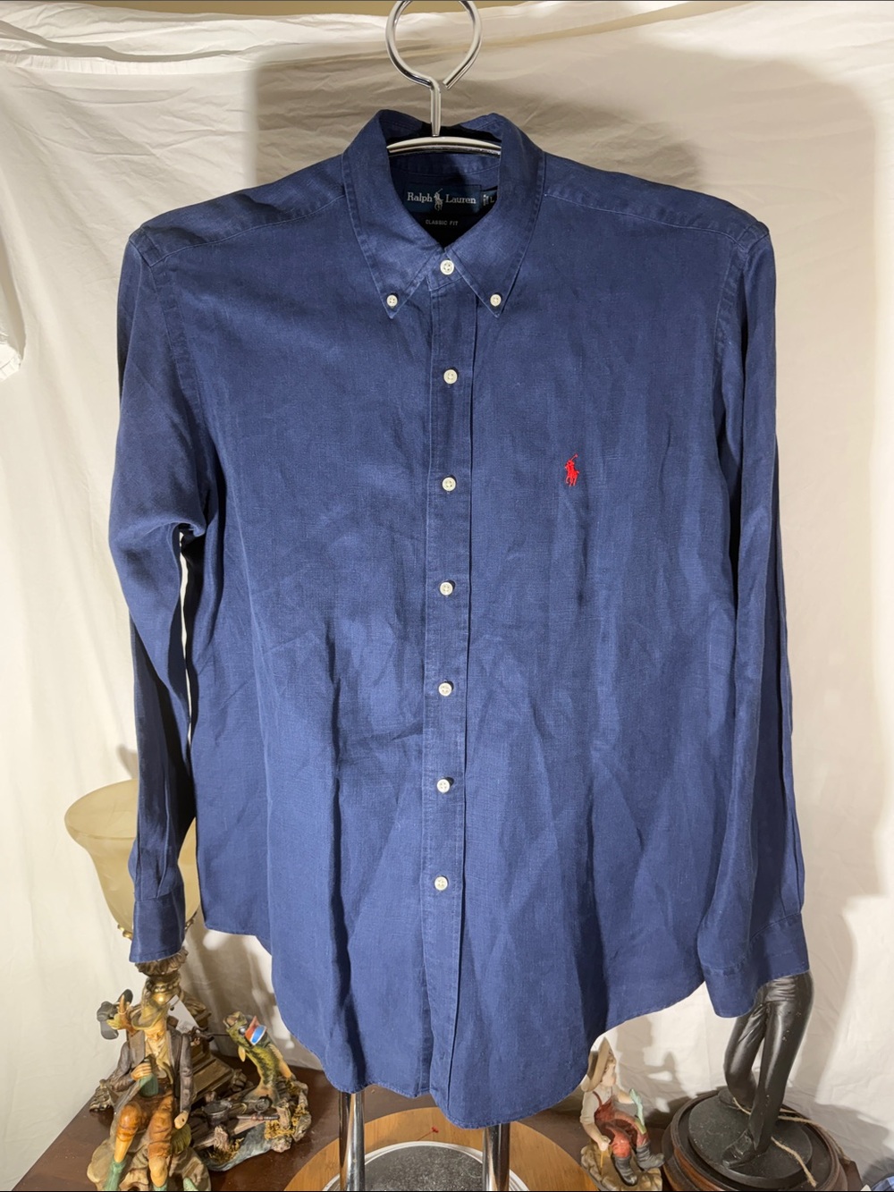 Ralph Lauren Navy Blue Button linen and silk Shirt with Red Pony